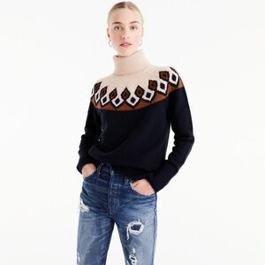 J. Crew Black and Cream Cowl Neck Sweater with Geometric Pattern